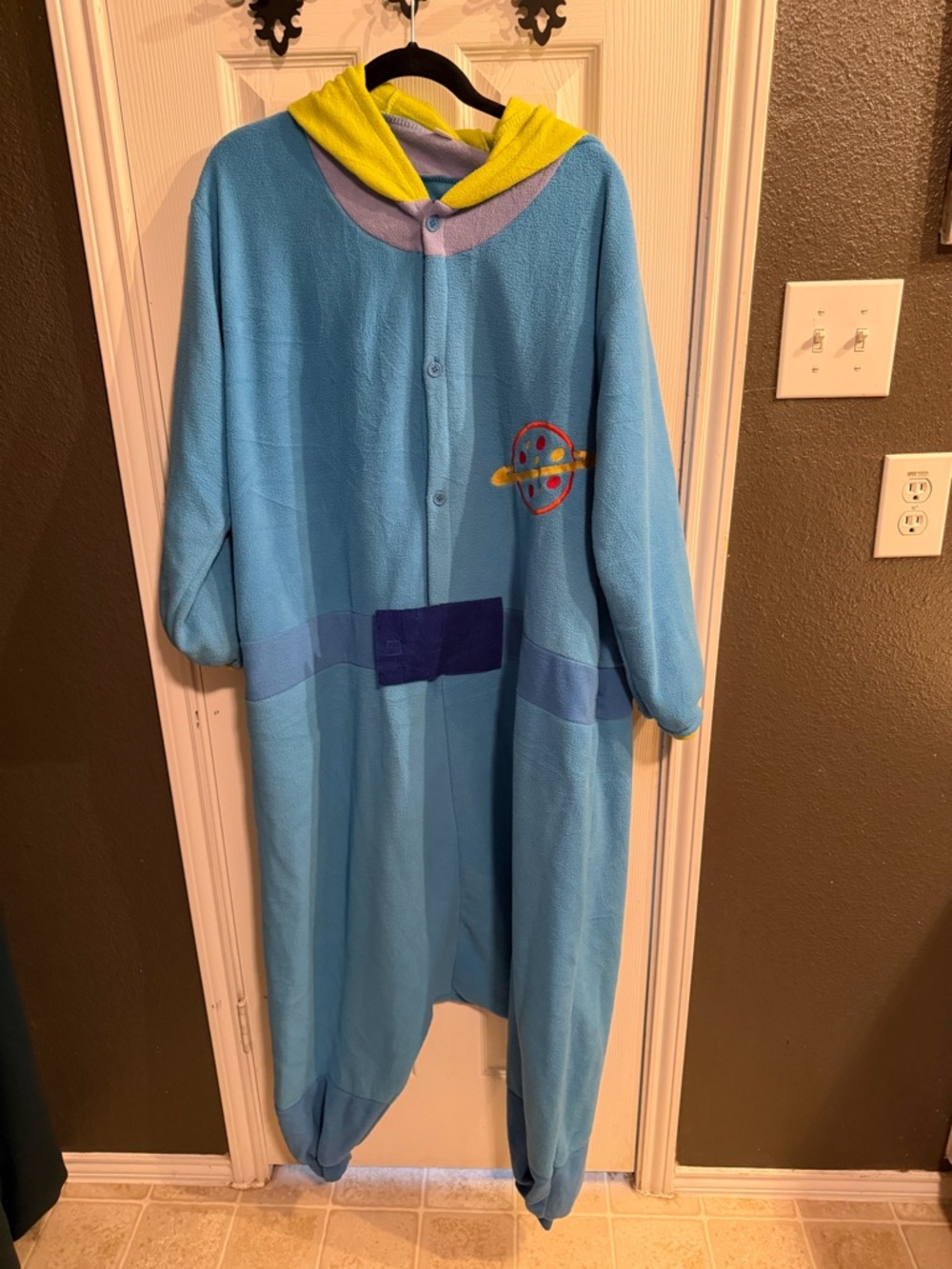 Kids Blue Hooded Fleece Pajama Onesie with Yellow Hood and Space Patch